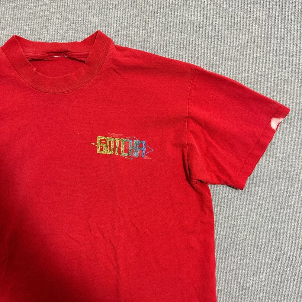Vintage 1989 Gotcha Surf Double Sided Rainbow Multicolor Spellout Tee Red Medium